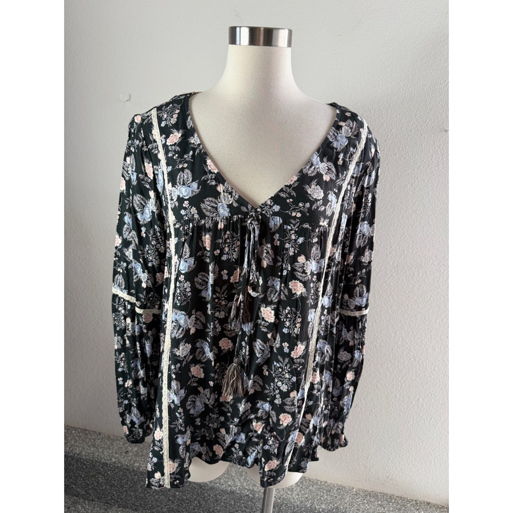Knox Rose Womens Plus XXL Floral Lace Accent Top Gray Pink Boho Blouse Boho